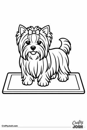 Yorkshire terrier standing on a doormat far bigger than itself