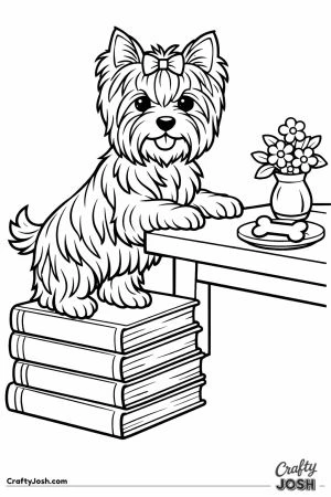 Yorkshire terrier standing on a stack of books to reach the table