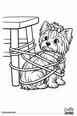 Yorkshire terrier tangled round a chair leg by its own lead