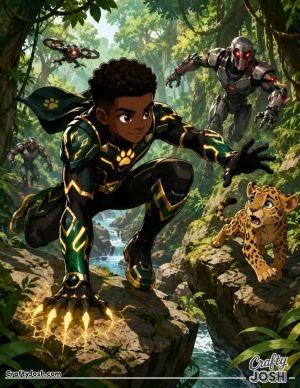 A brave jungle superhero leaps across large rocks with glowing energy claws while protecting a frightened baby big cat from robotic hunters