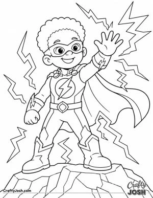 Young superhero stands proudly on a rocky hill while bright lightning surrounds him, wearing a cape, mask, gloves, boots, and a lightning-themed ..