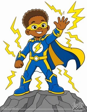 Young superhero stands proudly on a rocky hill while bright lightning surrounds him, wearing a cape, mask, gloves, boots, and a lightning-themed ..