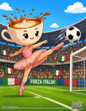 Ballerina Cappuccina performs a spectacular football kick toward the goal while wearing her tutu and ballet shoes in a packed stadium