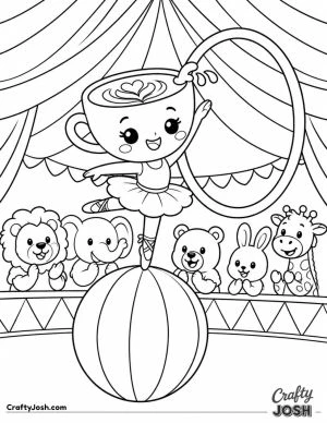 Ballerina Cappuccina balances gracefully on a giant circus ball beneath a big hoop while cheerful animal spectators watch from inside the colorful ..