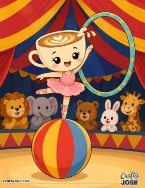 Ballerina Cappuccina balances gracefully on a giant circus ball beneath a big hoop while cheerful animal spectators watch from inside the colorful ..