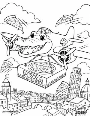 Bombardiro Crocodilo flies over an Italian city carrying a giant pizza box while pizza slices soar through the sky