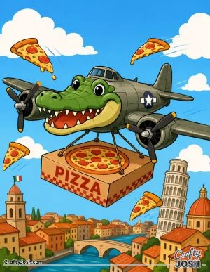 Bombardiro Crocodilo flies over an Italian city carrying a giant pizza box while pizza slices soar through the sky