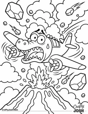 Bombardiro Crocodilo makes a wild escape above an erupting volcano as smoke clouds and flying rocks surround his terrified crocodile plane