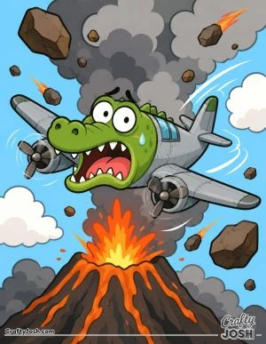 Bombardiro Crocodilo makes a wild escape above an erupting volcano as smoke clouds and flying rocks surround his terrified crocodile plane