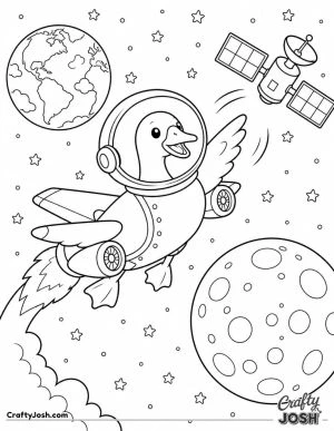 Bombombini Gusini zooms through outer space in his goose-airplane body and astronaut helmet, flying between Earth, the Moon, and a runaway satellite