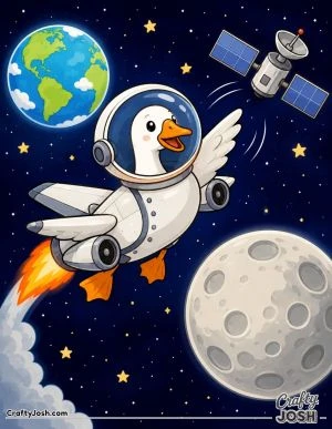 Bombombini Gusini zooms through outer space in his goose-airplane body and astronaut helmet, flying between Earth, the Moon, and a runaway satellite