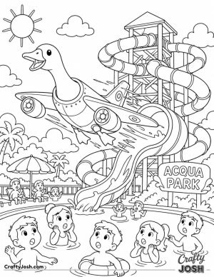Bombombini Gusini zooms out of a giant waterslide and flies above the swimming pool as the surprised children watch from below