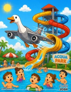Bombombini Gusini zooms out of a giant waterslide and flies above the swimming pool as the surprised children watch from below