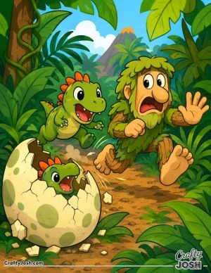 Brr Brr Patapim races through a tropical jungle as a cheerful baby dinosaur chases him beside a giant cracked dinosaur egg
