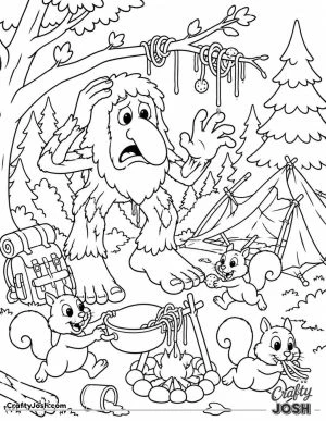 Brr Brr Patapim watches in surprise as squirrels steal his spaghetti beside a collapsed tent and campfire in the forest