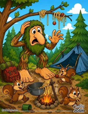 Brr Brr Patapim watches in surprise as squirrels steal his spaghetti beside a collapsed tent and campfire in the forest
