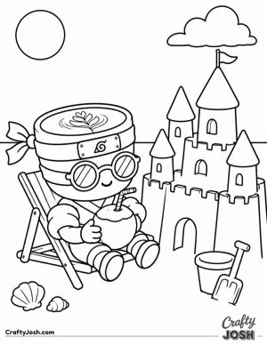 Cappuccino Assassino relaxes in a beach chair with sunglasses and a coconut drink beside a giant sandcastle