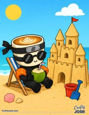 Cappuccino Assassino relaxes in a beach chair with sunglasses and a coconut drink beside a giant sandcastle