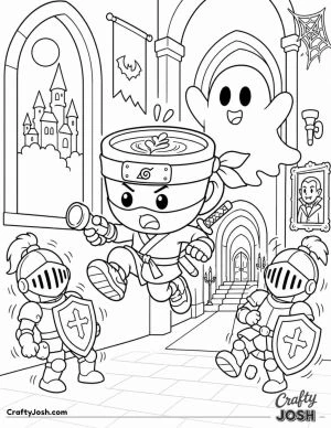 Cappuccino Assassino jumps in surprise as a friendly ghost appears behind him while two suits of armor wobble inside a spooky castle hallway