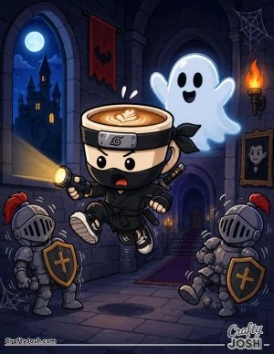 Cappuccino Assassino jumps in surprise as a friendly ghost appears behind him while two suits of armor wobble inside a spooky castle hallway