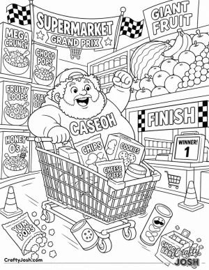 CaseOh races through a supermarket in an overflowing shopping cart, surrounded by snacks, cereal, giant fruit displays, racing flags, and a finish ..