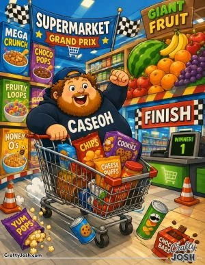 CaseOh races through a supermarket in an overflowing shopping cart, surrounded by snacks, cereal, giant fruit displays, racing flags, and a finish ..