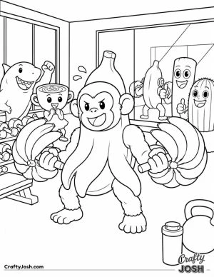 Chimpanzini Bananini lifts two giant banana bunches in a busy gym while his funny friends cheer him on