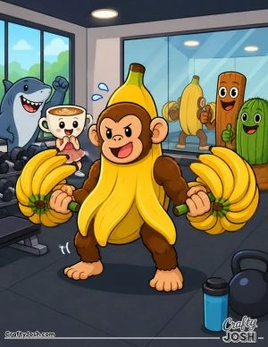 Chimpanzini Bananini lifts two giant banana bunches in a busy gym while his funny friends cheer him on