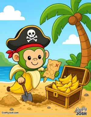 Chimpanzini Bananini becomes a cheerful pirate captain, digging beside a palm tree with his treasure map and discovering a chest packed with golden ..
