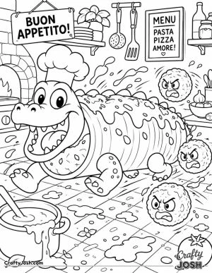 Coccodrillo Cannelloni races through a busy Italian kitchen as angry meatballs chase him and tomato sauce splashes everywhere