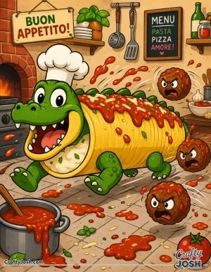 Coccodrillo Cannelloni races through a busy Italian kitchen as angry meatballs chase him and tomato sauce splashes everywhere