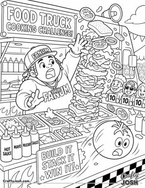 Fanum tackles a food truck cooking challenge with a towering sandwich, flying ingredients, cheering judges, and a giant tomato rolling across the ..