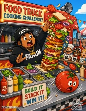 Fanum tackles a food truck cooking challenge with a towering sandwich, flying ingredients, cheering judges, and a giant tomato rolling across the ..
