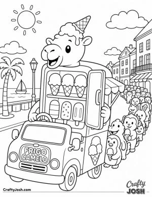 Frigo Camelo drives a cheerful ice cream truck by the seaside, displaying big ice creams as a long line of smiling animals waits behind him