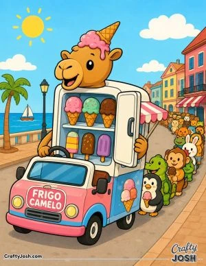 Frigo Camelo drives a cheerful ice cream truck by the seaside, displaying big ice creams as a long line of smiling animals waits behind him