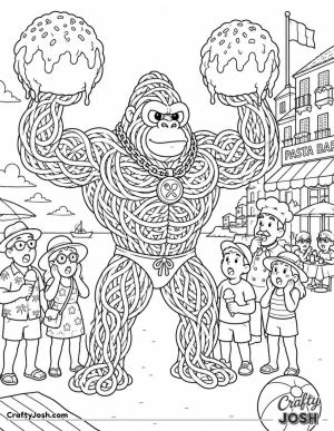 Gorillini Spaghettini flexes his spaghetti muscles on the beach while lifting two enormous meatballs above a crowd of surprised tourists