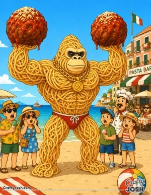 Gorillini Spaghettini flexes his spaghetti muscles on the beach while lifting two enormous meatballs above a crowd of surprised tourists