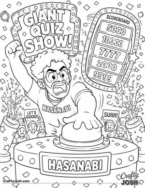HasanAbi slams a giant quiz-show buzzer as confetti cannons erupt and a huge scoreboard spins behind him