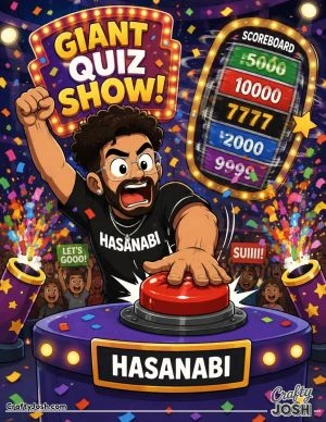 HasanAbi slams a giant quiz-show buzzer as confetti cannons erupt and a huge scoreboard spins behind him