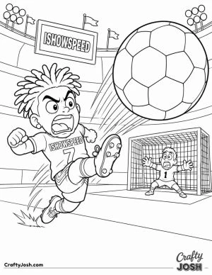 IShowSpeed launches a giant football toward the goal with a powerful kick as a surprised goalkeeper waits in the stadium