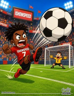 IShowSpeed launches a giant football toward the goal with a powerful kick as a surprised goalkeeper waits in the stadium