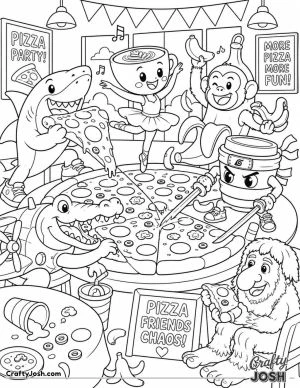 A group of funny characters gathers around a gigantic pizza as a ballerina dances, a monkey waves bananas, and everyone joins the restaurant chaos
