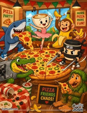 A group of funny characters gathers around a gigantic pizza as a ballerina dances, a monkey waves bananas, and everyone joins the restaurant chaos