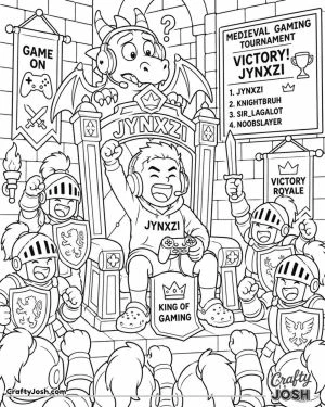 Jynxzi celebrates a gaming tournament victory from a giant medieval throne while cheering knights surround him and a headset-wearing dragon watches ..
