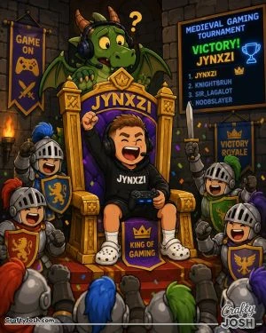 Jynxzi celebrates a gaming tournament victory from a giant medieval throne while cheering knights surround him and a headset-wearing dragon watches ..