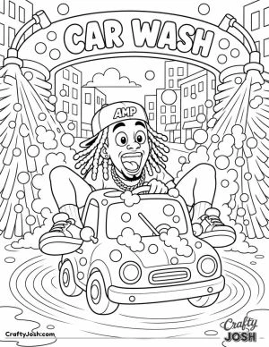 Kai Cenat squeezes into a tiny car surrounded by bubbles and giant car-wash brushes as he spins through a busy cartoon city car wash