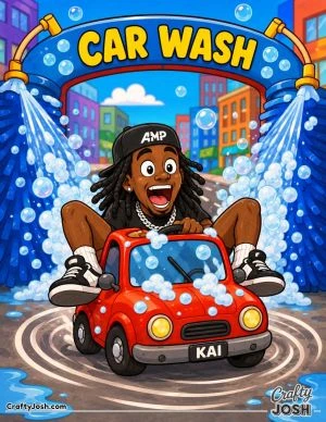Kai Cenat squeezes into a tiny car surrounded by bubbles and giant car-wash brushes as he spins through a busy cartoon city car wash