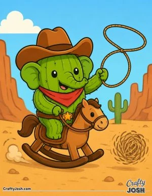 Lirilì Larilà becomes a cheerful Wild West cowboy, riding a wooden rocking horse while swinging a lasso toward a runaway tumbleweed in the desert