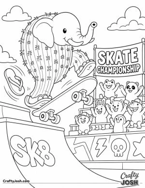 Lirilì Larilà, a funny elephant-cactus creature, performs a huge skateboard trick above a ramp while one sandal flies off and a crowd of animals ..