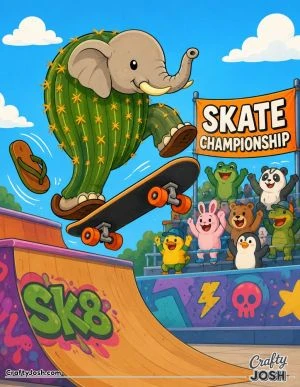 Lirilì Larilà, a funny elephant-cactus creature, performs a huge skateboard trick above a ramp while one sandal flies off and a crowd of animals ..